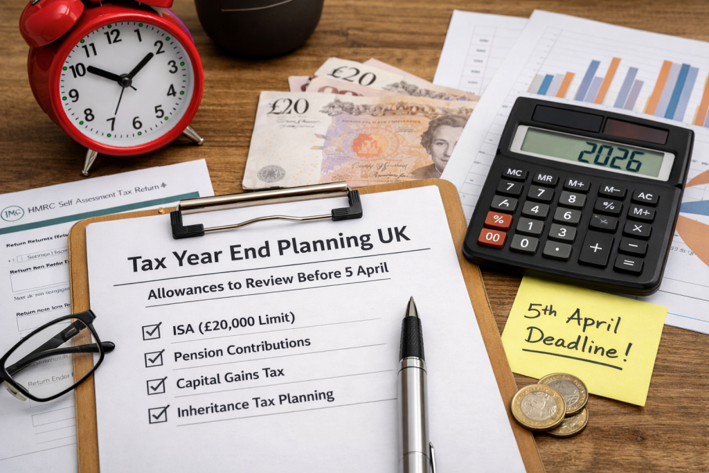 Tax year end planning UK 2026 showing ISA, pension, capital gains and inheritance tax allowances to review before the 5 April deadline