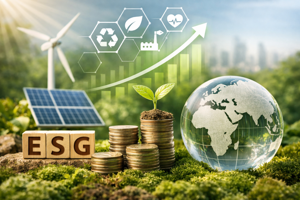 ESG investments UK sustainable portfolio planning with renewable energy, growth chart and global sustainability concept