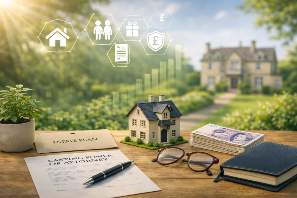 Inheritance tax planning UK with estate plan, house model and family wealth protection