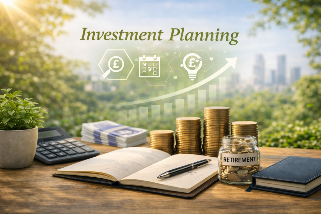 Investment advice planning with UK pounds, calculator and growth chart on desk