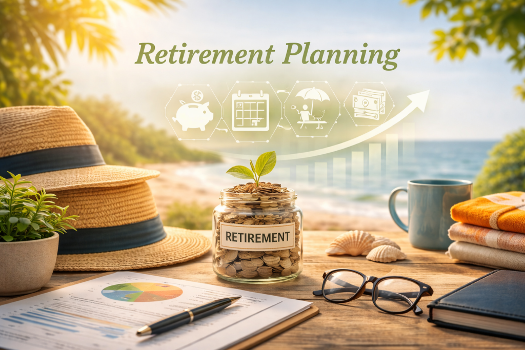 Retirement planning advice with savings jar, pension planning and beach lifestyle concept