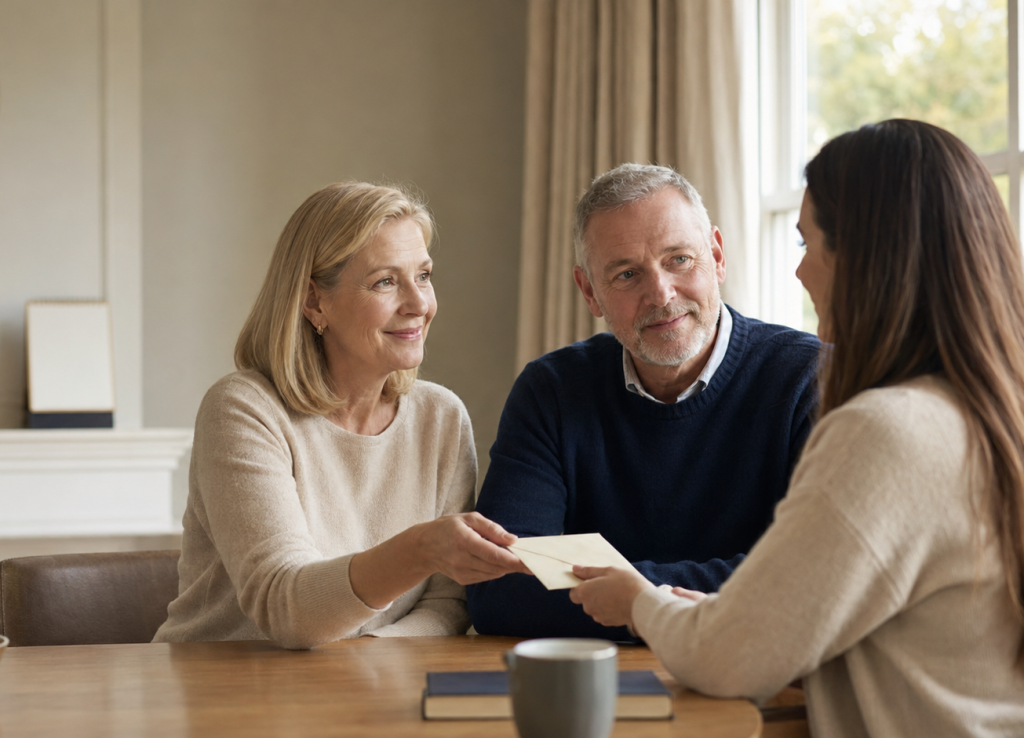 Older couple making a lifetime gift to their adult daughter as part of inheritance tax planning