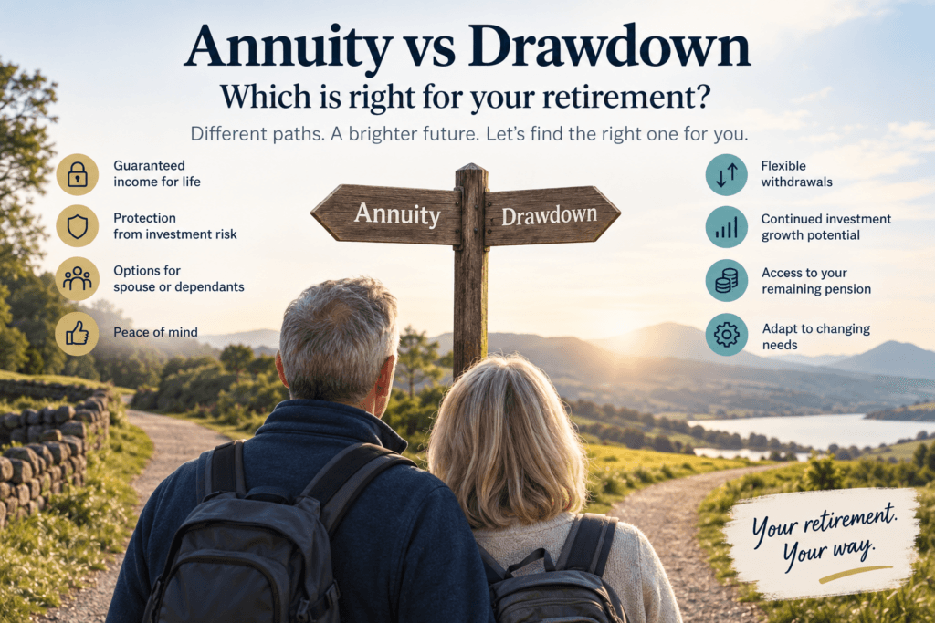 Annuity vs drawdown comparison showing a retired couple choosing between guaranteed income and flexible pension withdrawals.