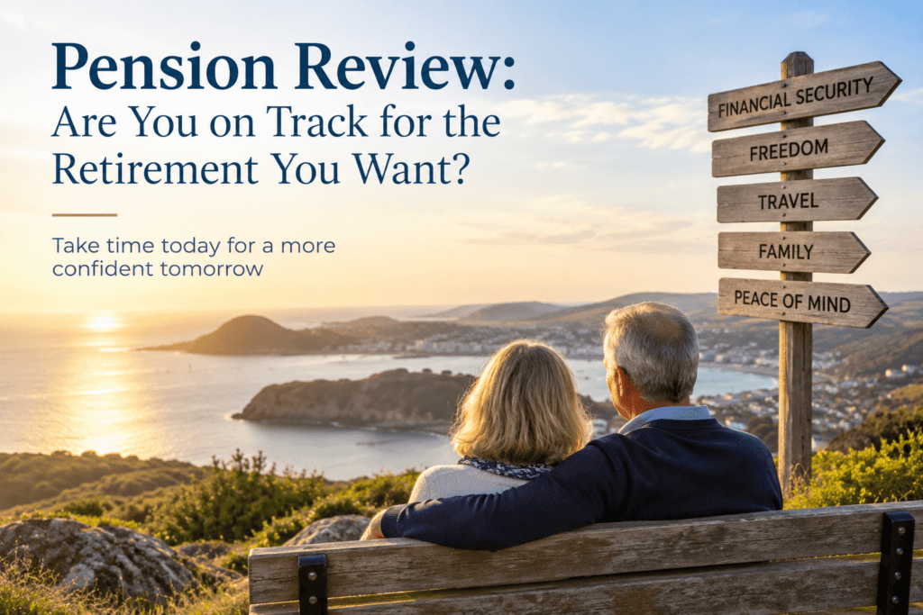Couple overlooking the coast beside a retirement signpost during a pension review