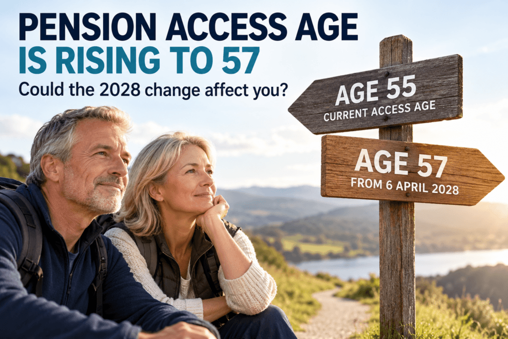 Couple approaching retirement beside signs showing the pension access age rising from 55 to 57 in April 2028